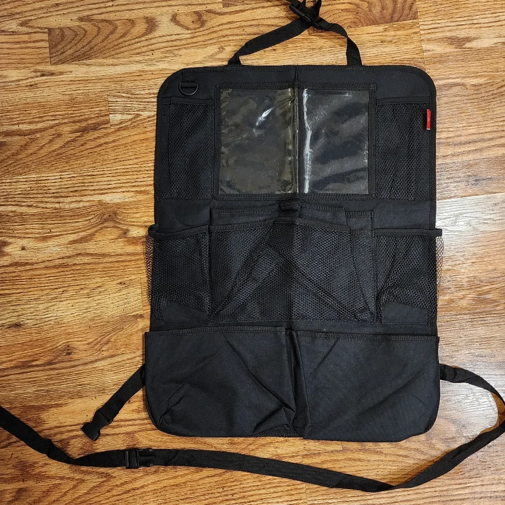 Black Backseat Car Organizer with Touch Screen Tablet Holder and lots of pockets